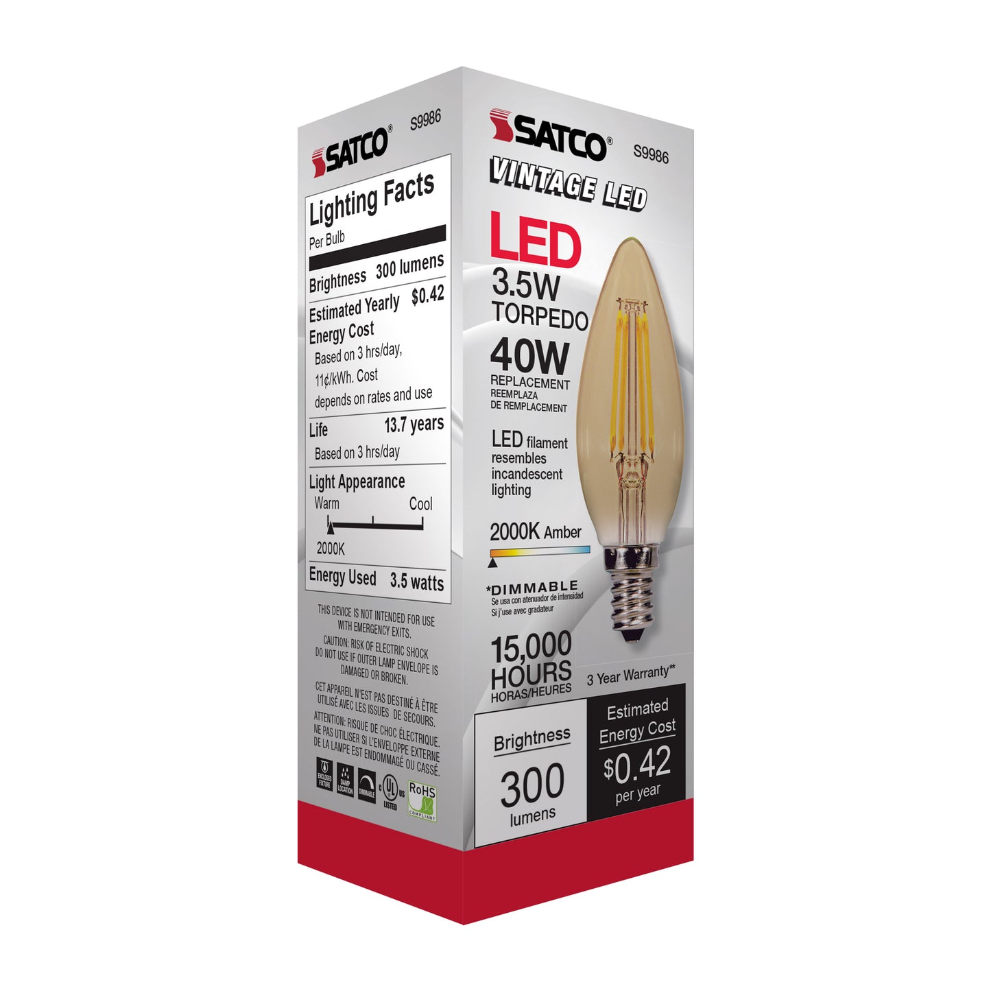 image of 3.5 Watt Torpedo CTA LED - Amber - Candelabra base - 2000K - 300 Lumens - 120 Volt
